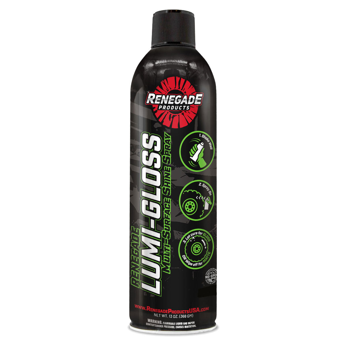 Renegade Lumi-Gloss Multi-Surface Shine Spray bottle showcasing its label and glossy finish on various surfaces.