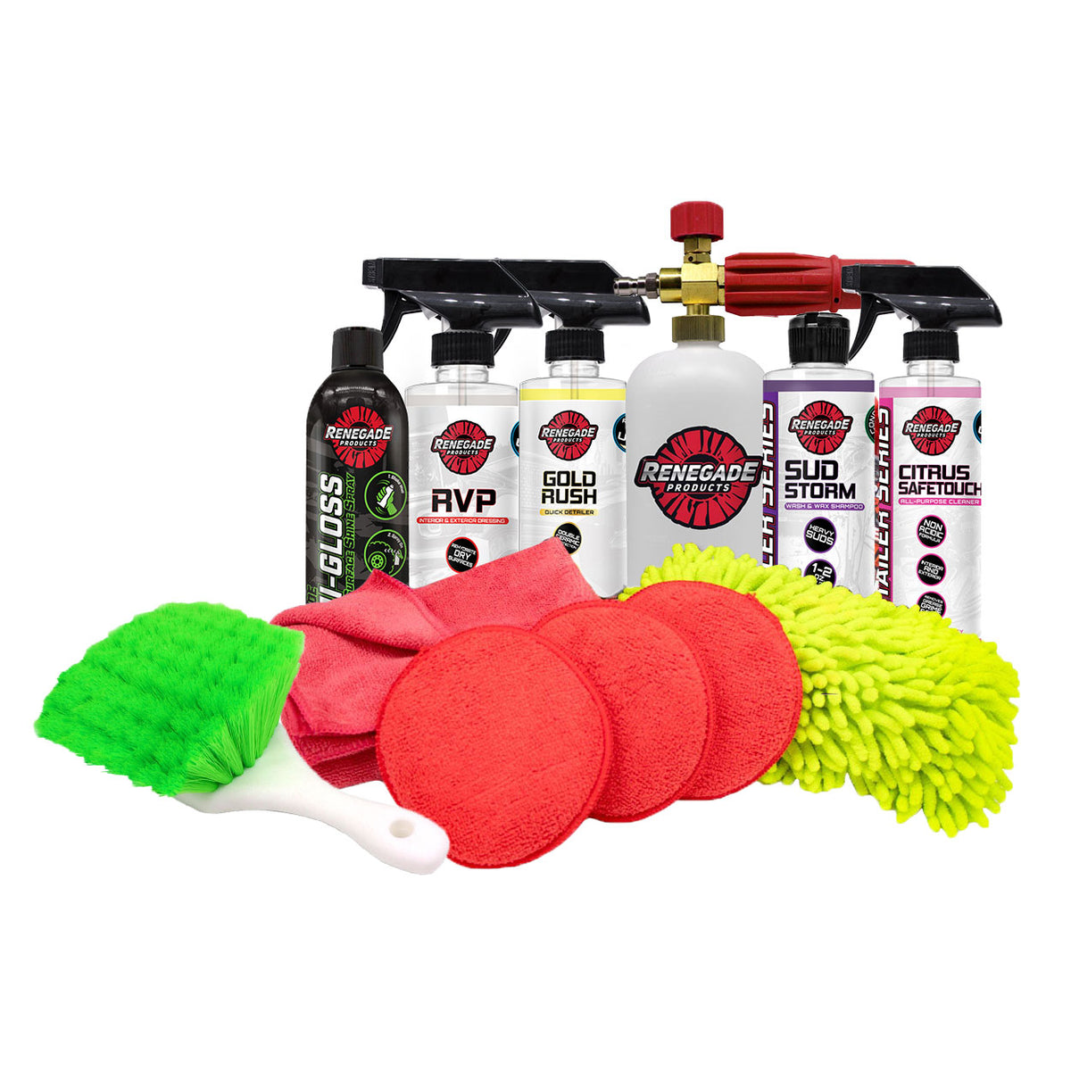 Complete Off-Road Detailing Kit with cleaners, waxes, brushes, and microfiber towels for thorough vehicle care.