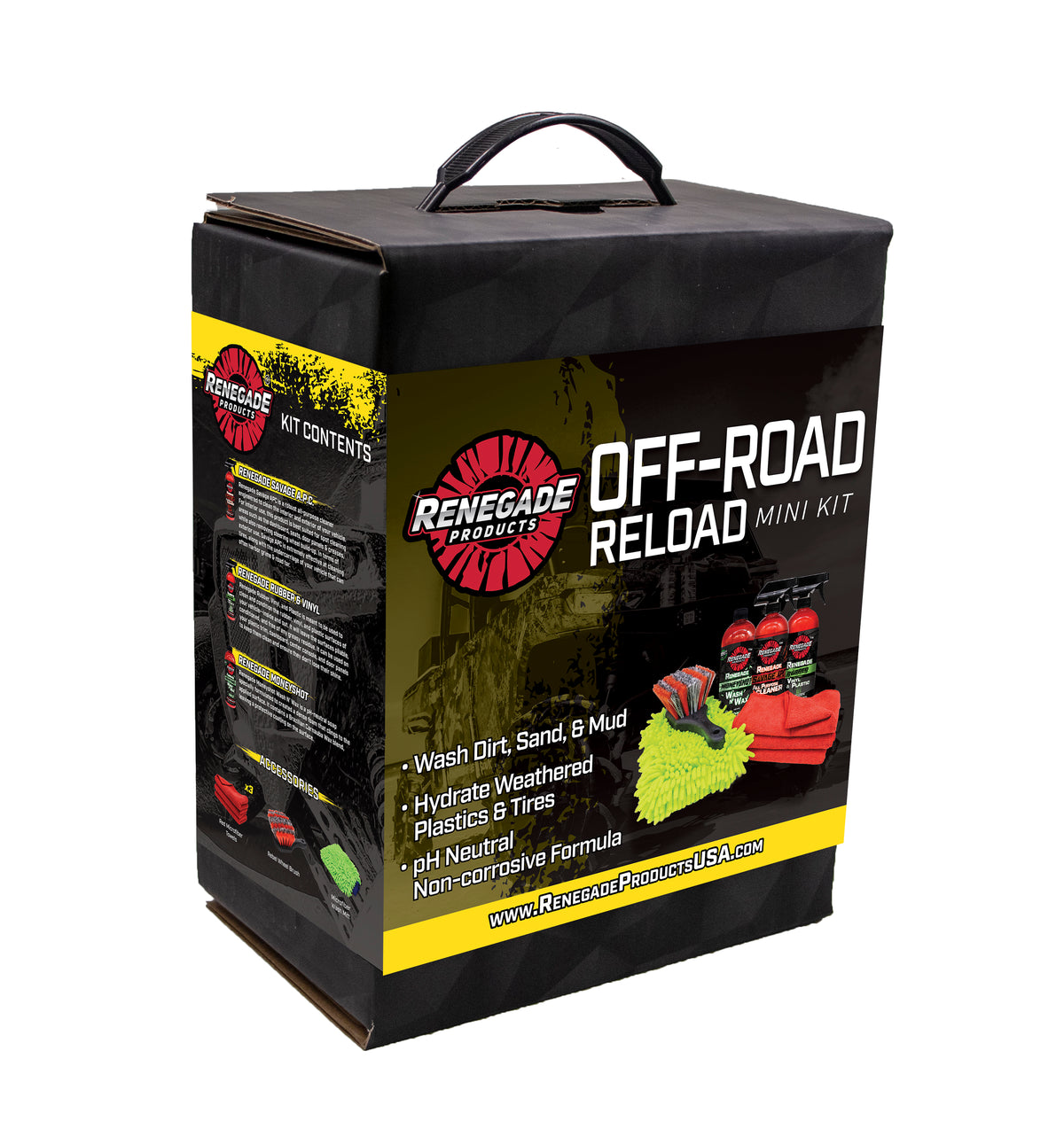Alt text: Off-Road Reload Mini Kit with wash n&#39; wax soap, conditioner, cleaner, wheel brush, and microfiber towels for vehicle care.