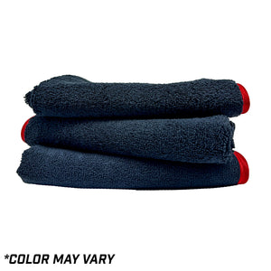 Three-pack of 16x24 inch premium plush microfiber towels in assorted colors, perfect for detailed car care.