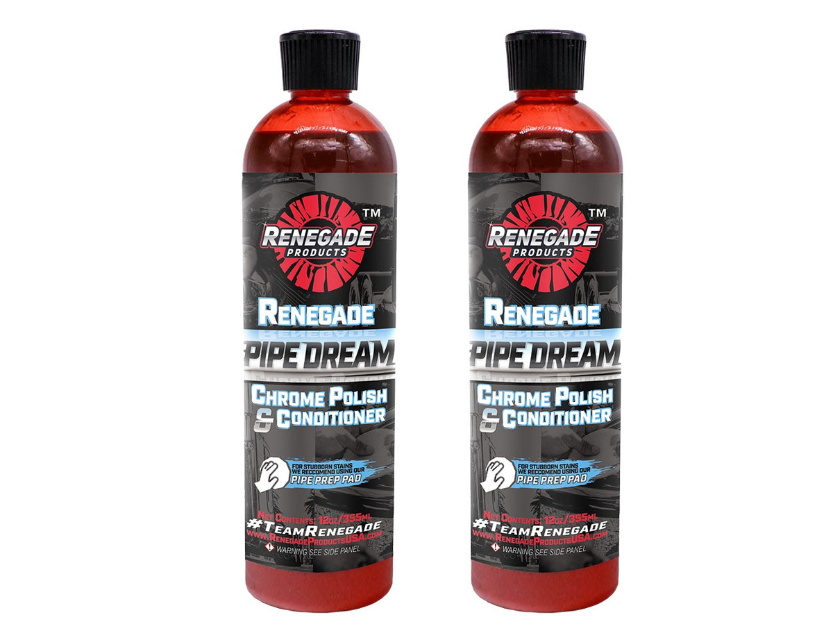 Renegade Pipe Dream Chrome Conditioner and Polish being applied to chrome exhaust with microfiber pad.