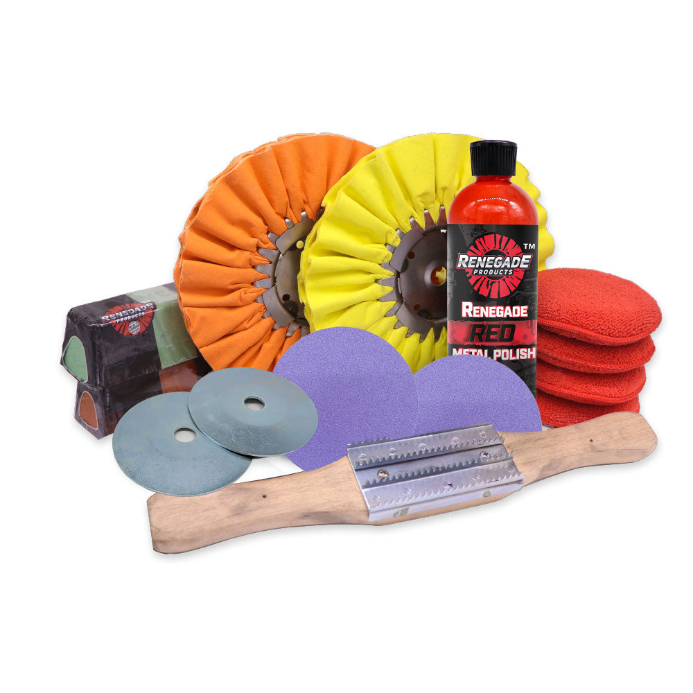 Renegade Products Aluminum Pontoon Boat Polishing Complete Kit with Buffing Wheels, Buffing Compound, Safety Flanges, Sanding Discs and Rebel Red