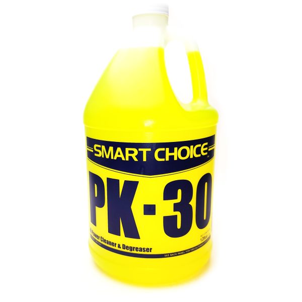 Yellow gallon bottle of Power Kleen 30 PK-30 cleaner and degreaser on a white background