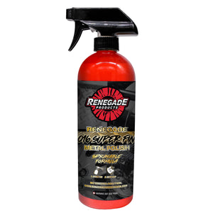 Renegade Q16 Super Fine Sprayable Metal Polish bottle with label, designed for polishing metal surfaces.