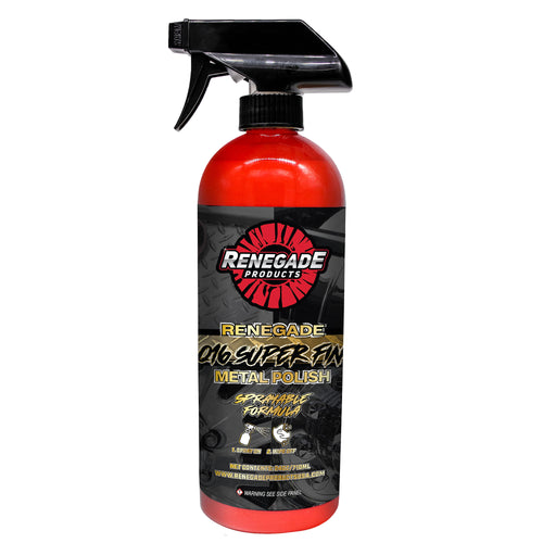 Renegade Q16 Super Fine Sprayable Metal Polish bottle with label, designed for polishing metal surfaces.