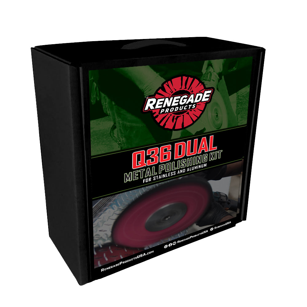 Complete Renegade Q36 Dual Metal Polishing Kit with buffing wheels, compounds, and accessories for professional-grade metal restoration.