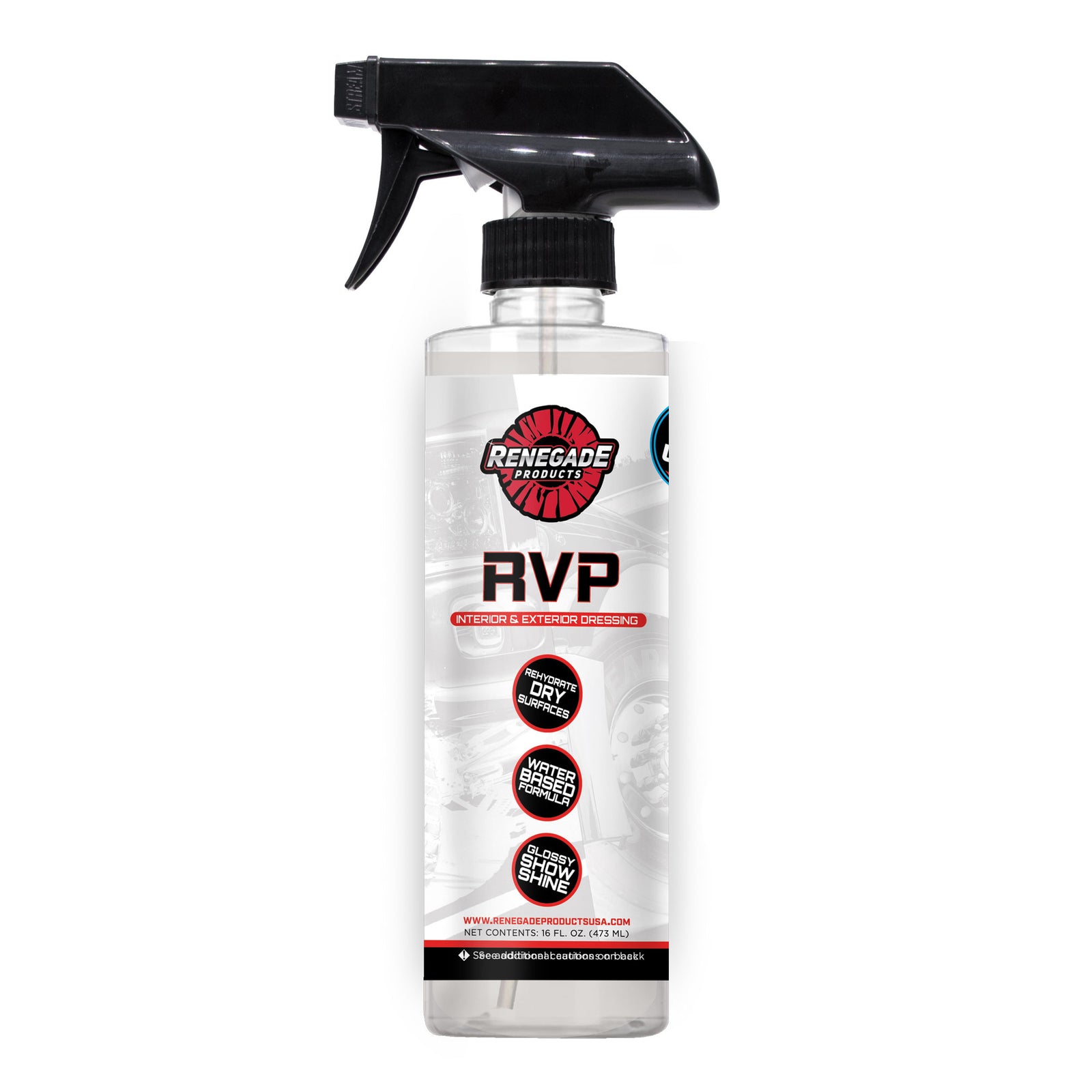RVP Rubber, Vinyl, & Plastic Dressing bottle with microfiber pads and towels for vehicle surface conditioning.