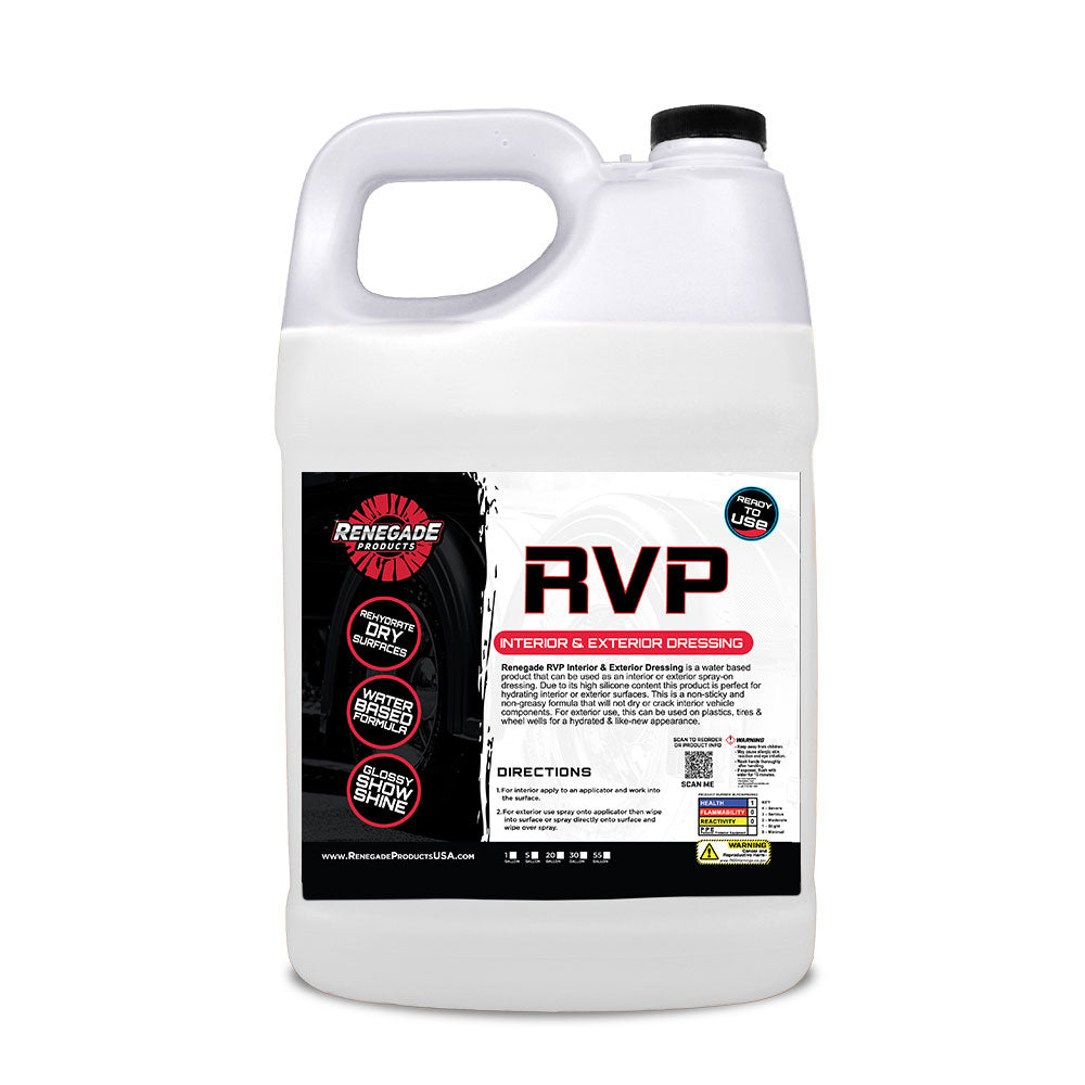 RVP Rubber, Vinyl, &amp; Plastic Dressing bottle with microfiber towel and pad, ideal for vehicle interior and exterior care.