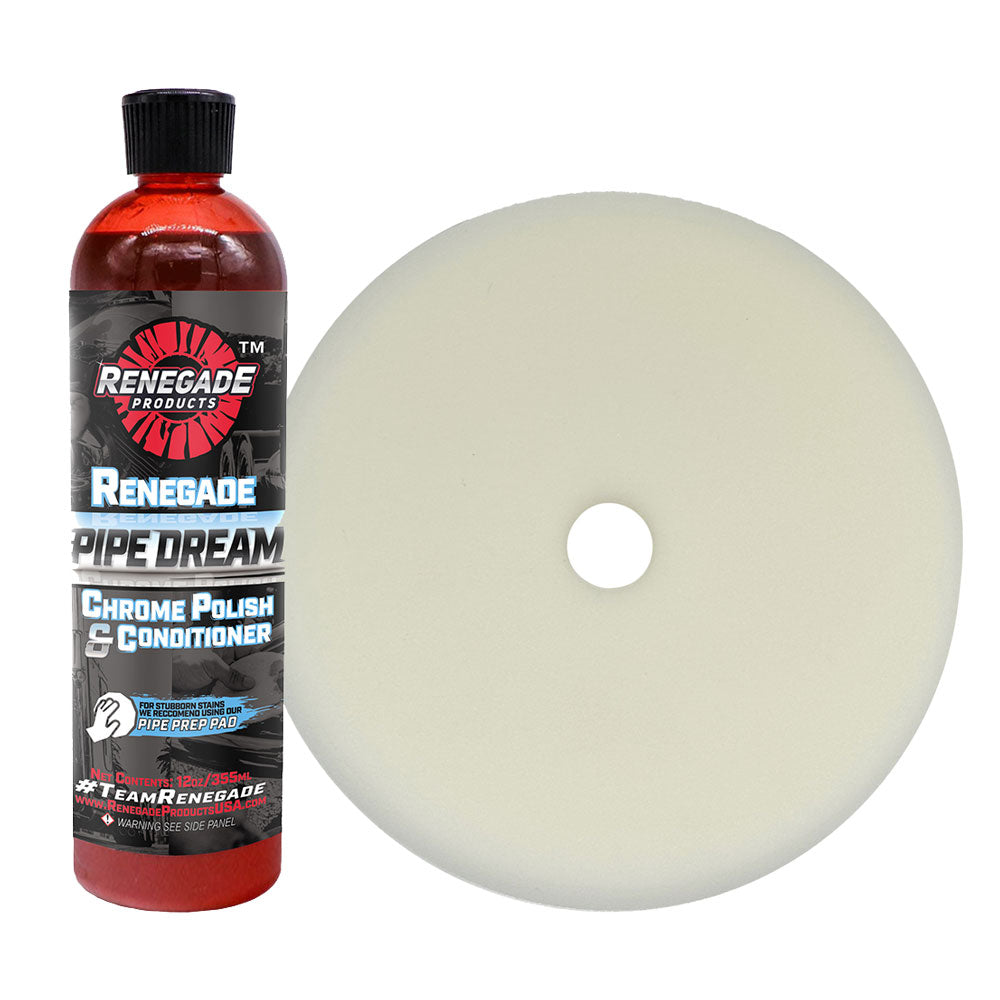 renegade products Chrome Refinishing Bundle with white Foam Pad and pipe dream Chrome Conditioner and polish, ideal for restoring shine on chrome plated surfaces.