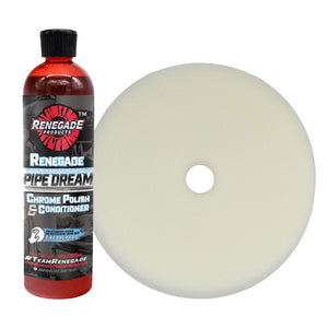 renegade products Chrome Refinishing Bundle with white Foam Pad and pipe dream Chrome Conditioner and polish, ideal for restoring shine on chrome plated surfaces.
