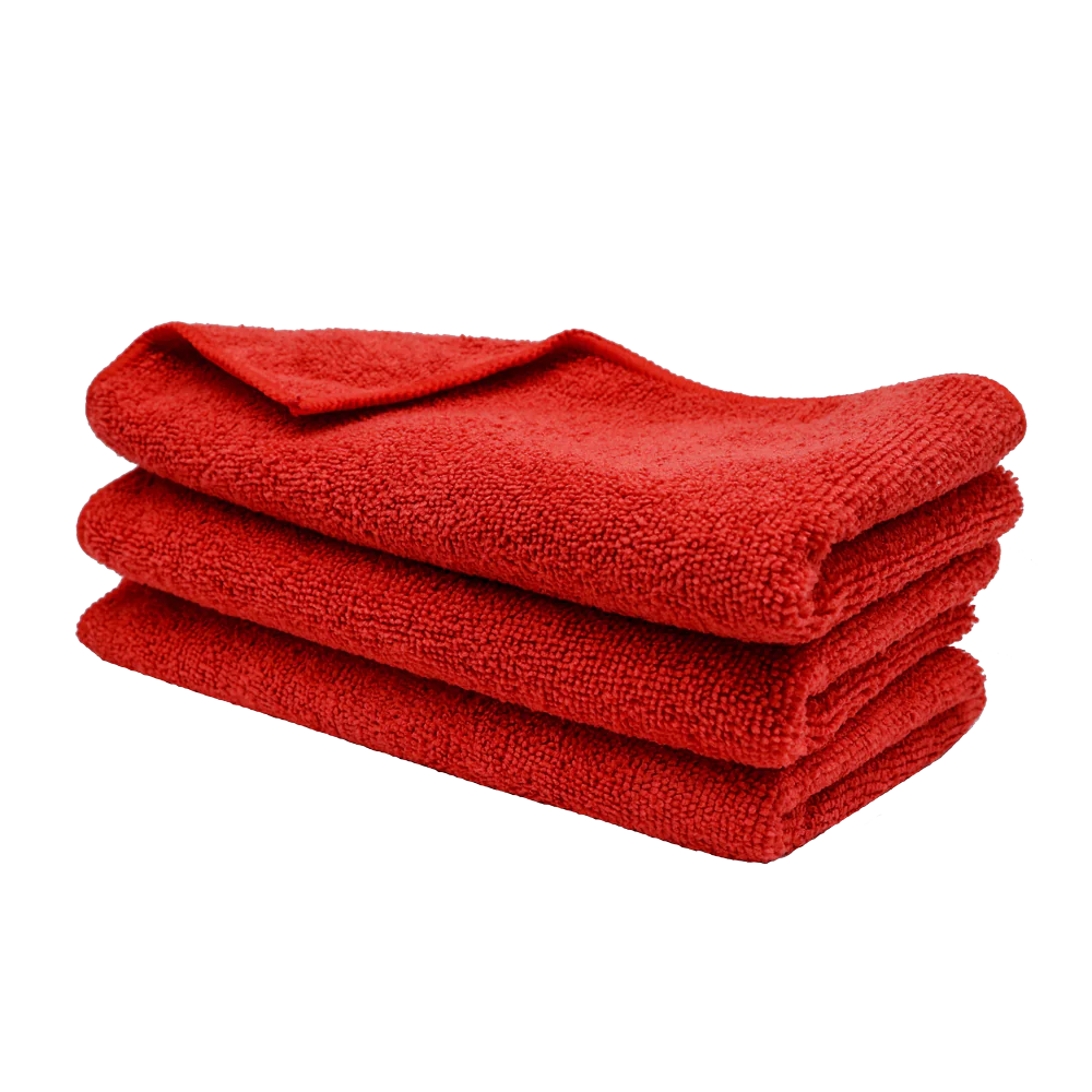 Alt text: Three-pack of premium 16x16 inch microfiber towels, perfect for applying car care products and cleaning.