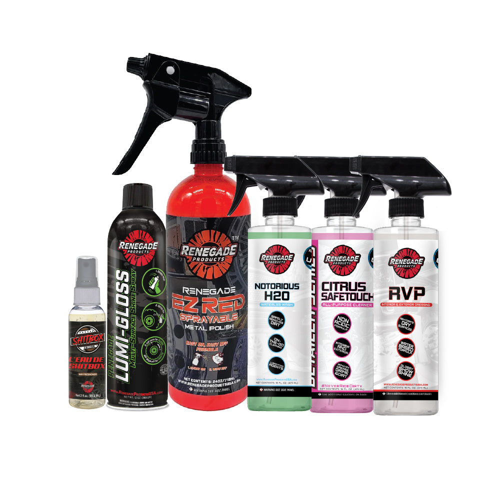 Alt text: S#itbox Mini Detailing Kit with cleaning and polishing products for restoring old vehicles, displayed with contents.