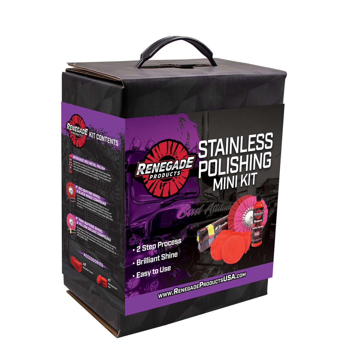 Image of the Stainless Polishing Mini Kit with buffing wheels, polishing compounds, microfiber towels, and liquid metal polish.
