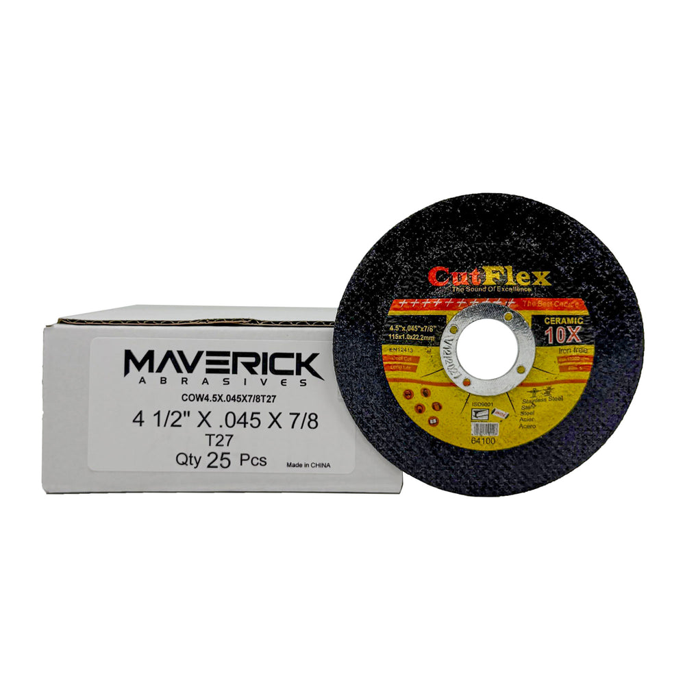 Pack of 25 premium 4.5-inch Type 27 depressed center cut off wheels for metal cutting, with a maximum RPM of 13,300.