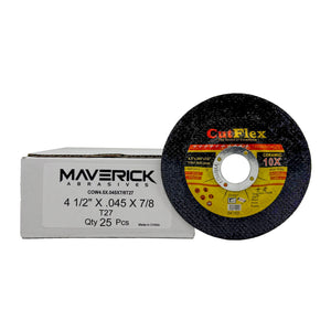 Pack of 25 premium 4.5-inch Type 27 depressed center cut off wheels for metal cutting, with a maximum RPM of 13,300.