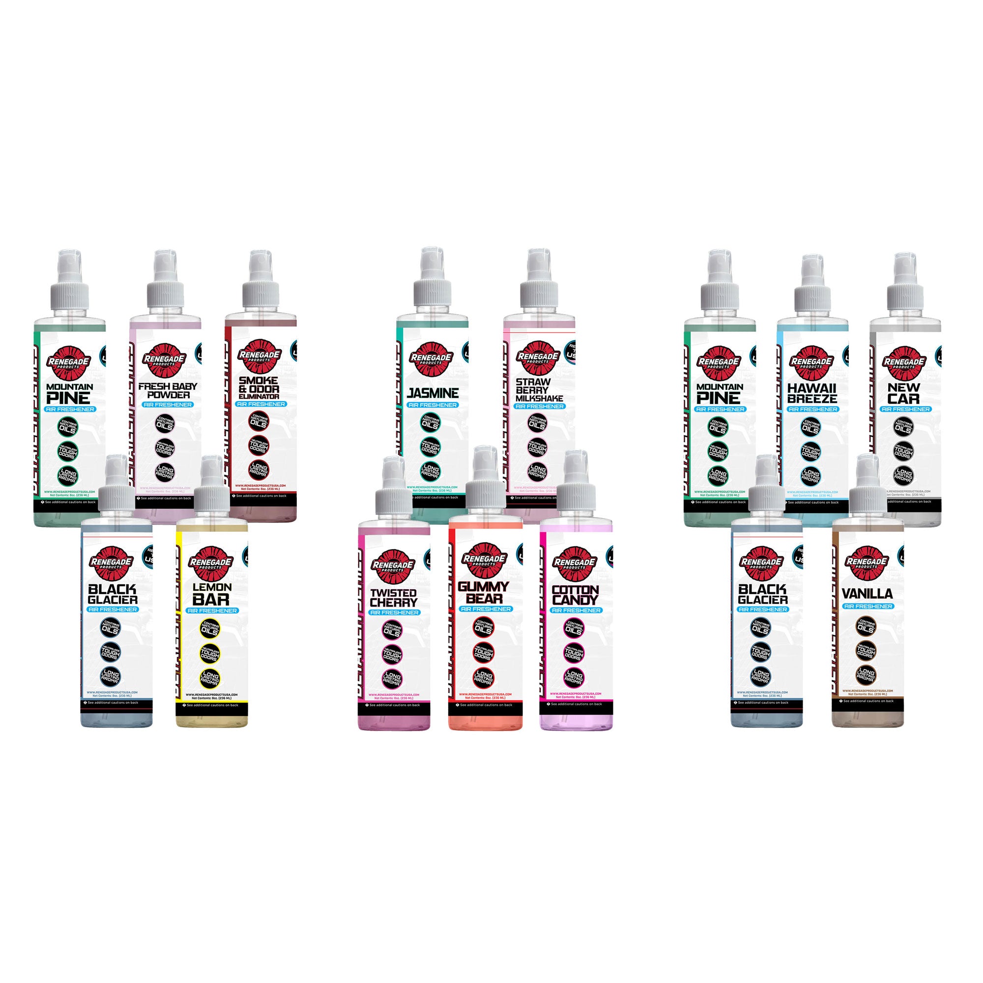 Assorted Renegade Air Freshener Bundles including Classic, Fruit & Floral, and Clean collections with various scents displayed.