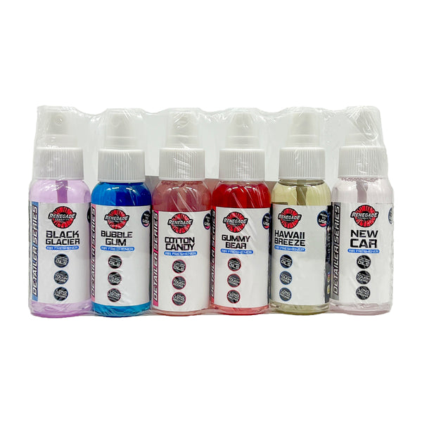 Assorted Renegade Products Sample Packs featuring cleaners, polishes, and dressings in compact sizes for easy testing.