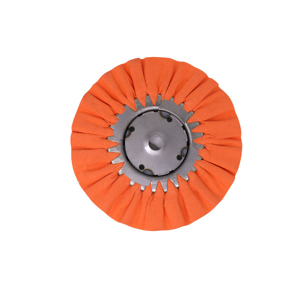 Renegade Products USA&#39;s orange airway buffing wheel with center plate, designed for efficient and professional buffing and polishing tasks