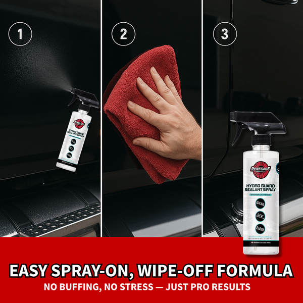 infographic showing Step-by-step process of using renegade products hydro guard sealant spray with text 'Easy Spray-On, Wipe-Off Formula' at the bottom.