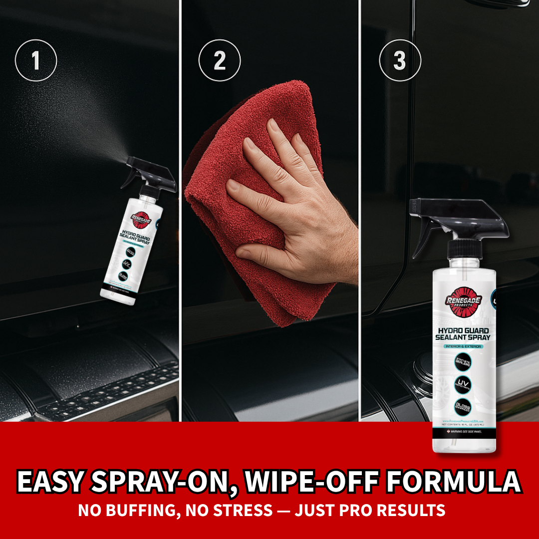infographic showing Step-by-step process of using renegade products hydro guard sealant spray with text 'Easy Spray-On, Wipe-Off Formula' at the bottom.