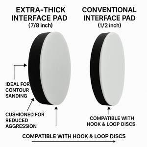 comparison of 5-inch extra-thick sanding interface pads, showing the 7/8-inch thickness compared to standard pads for better sanding results. Image highlights features such as in creased contouring, cushioning, and compatibility.