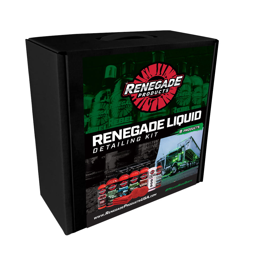 Alt text: Renegade Liquid Detailing Kit with various cleaners, waxes, and conditioners for vehicle care, displayed with microfiber towels and pads.