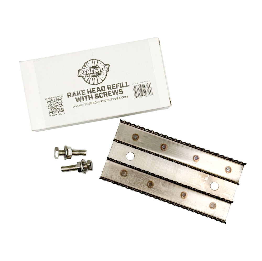 Buffing wheel rake head refill with two mounting screws and labeled package