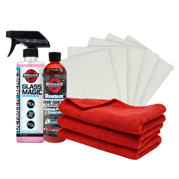 renegade products Chrome Maintenance Bundle with pipe dream chrome conditioner and polish, synthetic steel wool sheets, glass cleaner, and microfiber towels.