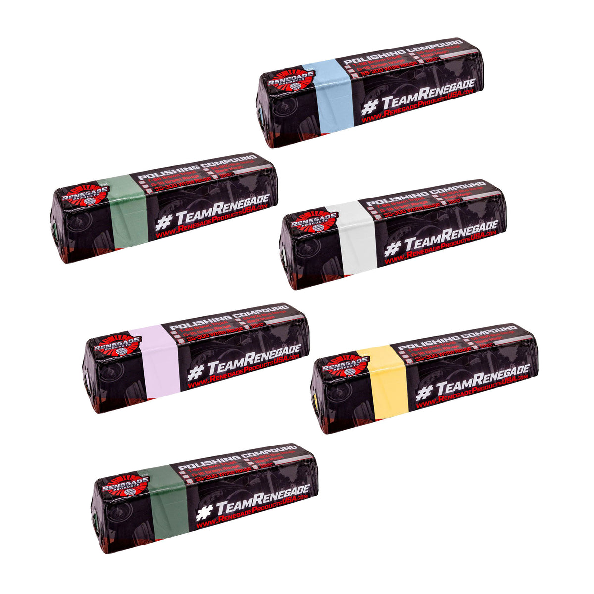 Alt text: Coloring compounds: Green, white, blue, yellow, and wild berry metal polishing bars for buffing wheels.