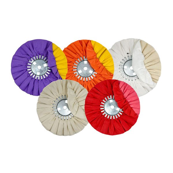 Assorted Combination Airway Buffing Wheels for metal polishing, available in multiple colors and fabrics for different stages of buffing.