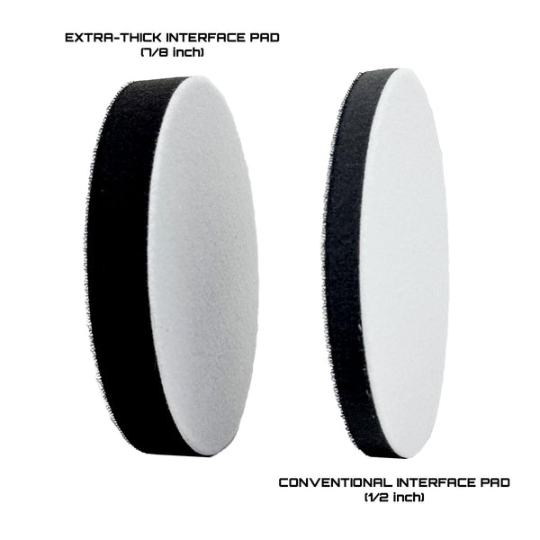 images shows comparison of extra-thick 7/8 inch interface pad next to conventional interface pad with 1/2" thickness to illustrate increased padding