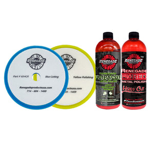 Renegade Liquid Cut & Polish Combo with Ultra Cut and Pro Red polishes, plus blue and yellow foam pads for metal surface shine.