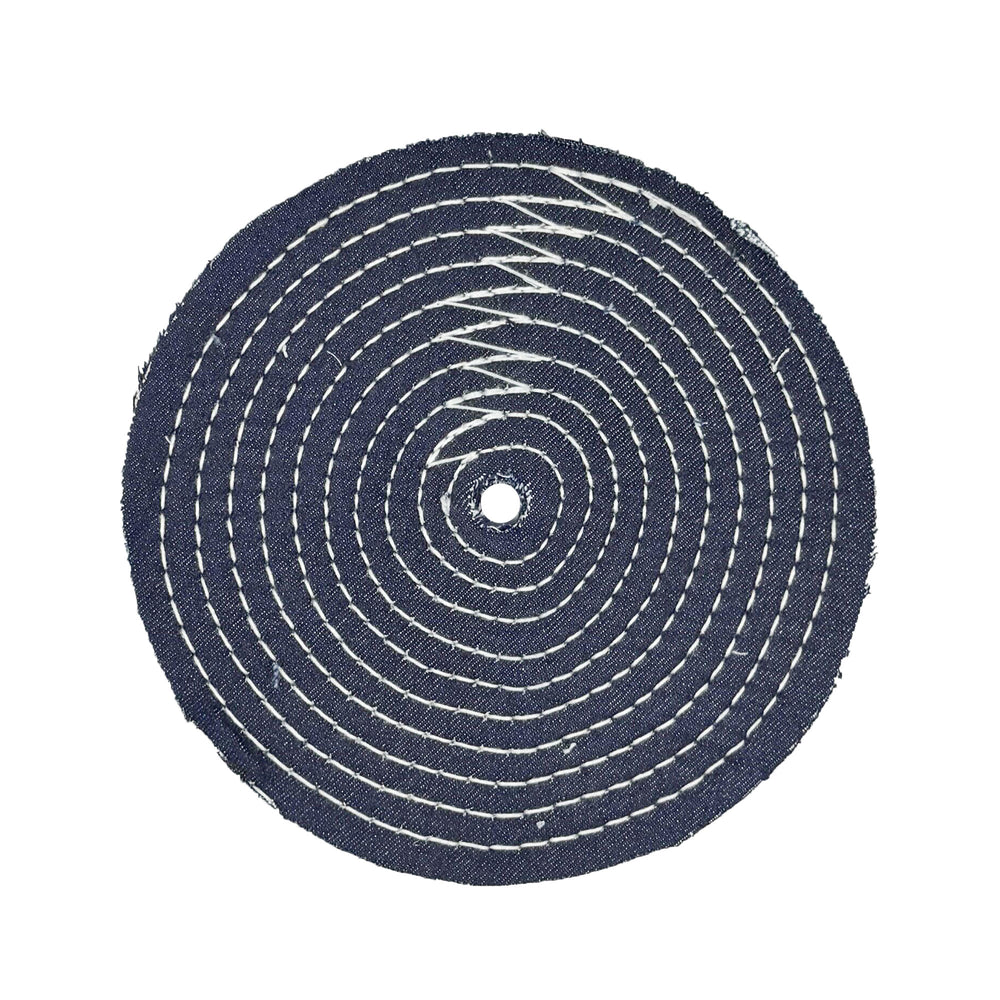 8 inch, 9 inch, and 10 inch denim buffing wheel with 16 plys of fabric and numerous rows of cotton stitching