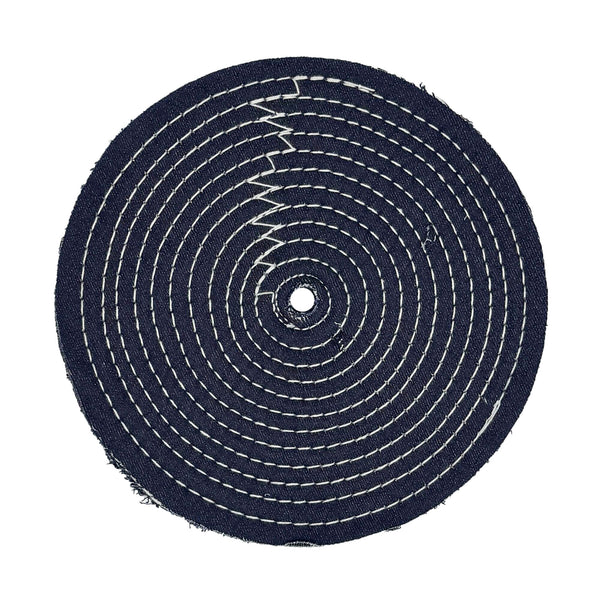 9 inch denim buffing wheel with 16 plys of fabric and 12 rows of cotton stitching