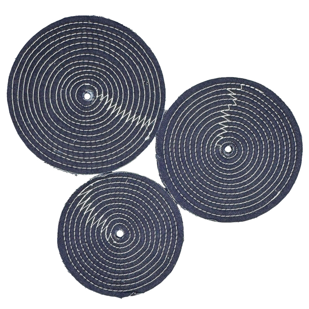 8 inch, 9 inch, and 10 inch denim buffing wheel with 16 plys of fabric and numerous rows of cotton stitching