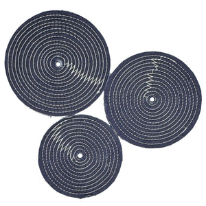 8 inch, 9 inch, and 10 inch denim buffing wheel with 16 plys of fabric and numerous rows of cotton stitching