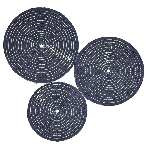 8 inch, 9 inch, and 10 inch denim buffing wheel with 16 plys of fabric and numerous rows of cotton stitching