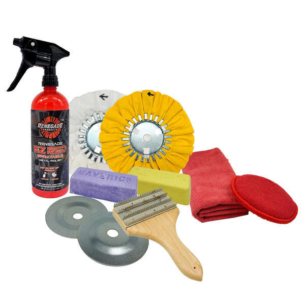 Renegade Products East Coast Polishing Kit packaging on a white background with airway buffing wheels, polishing compound bars, microfiber accessories, safety flanges, a bufifng wheel rake, and EZ red sprayable metal polish