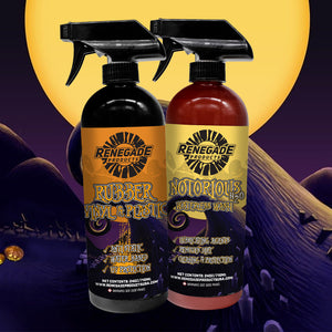 Renegade Products Limited-Edition Holiday Bundle in front of an animated movie background: Rubber Vinyl Plastic Conditioner and Notorious Waterless Wash