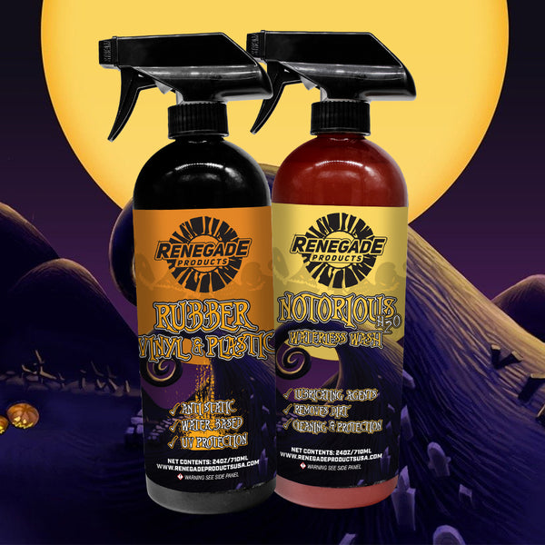 Renegade Products Limited-Edition Holiday Bundle in front of an animated movie background: Rubber Vinyl Plastic Conditioner and Notorious Waterless Wash