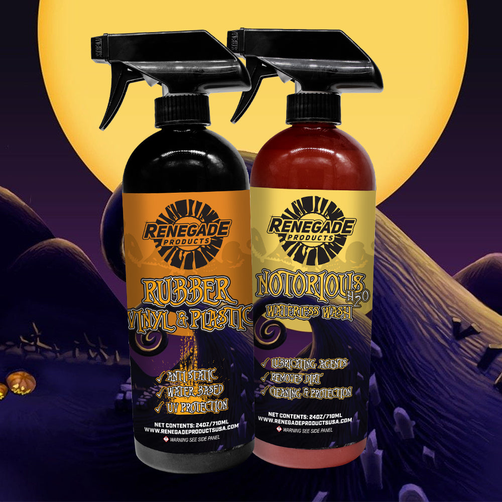 Renegade Products Limited-Edition Holiday Bundle in front of an animated movie background: Rubber Vinyl Plastic Conditioner and Notorious Waterless Wash