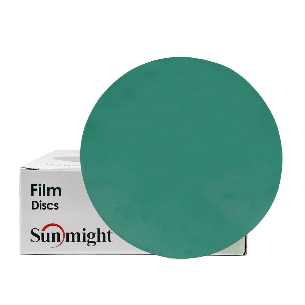 Box of 50 Sunmight 6-inch Film Hook & Loop Sanding Discs for metal polishing, ranging from 120 to 800 grit.