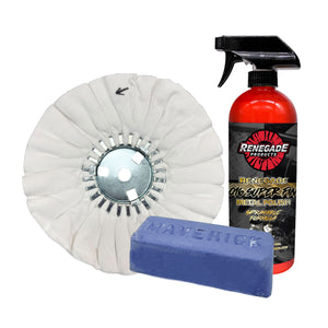 Renegade Products Final Finish Bundle with Q16 sprayable metal Polish, N5 flannel airway Buffing Wheel, and Blueberry Finishing Compound bar for metal polishing.