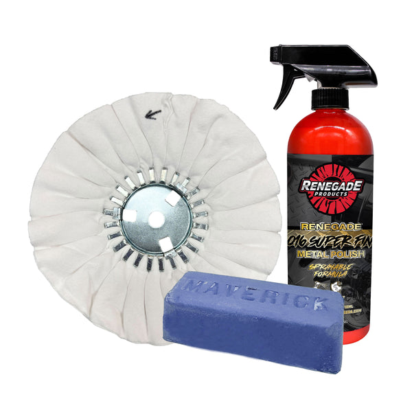 Renegade Products Final Finish Bundle with Q16 sprayable metal Polish, N5 flannel airway Buffing Wheel, and Blueberry Finishing Compound bar for metal polishing.