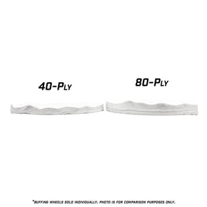 Single-stitched loose-ply buffing wheel for metal finishing with a 1/2 inch arbor hole.