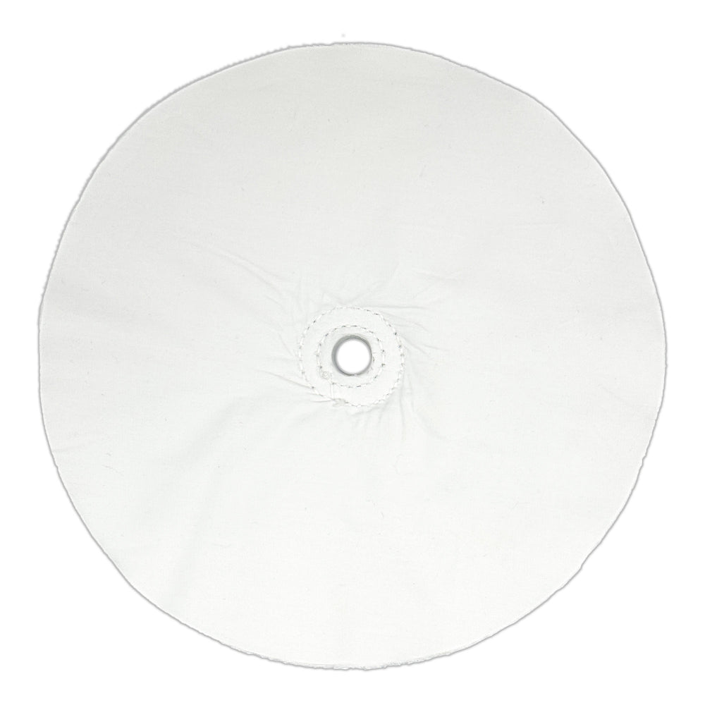 Close-up of Single-Stitched Loose-Ply Buffing Wheel with 1/2 Arbor Hole for metal polishing.