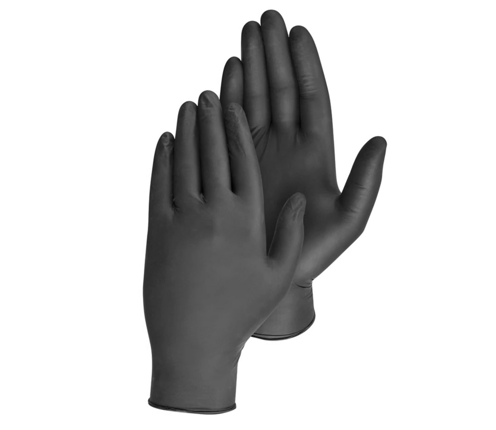 Box of 100 Black 4 Mil Nitrile Gloves, latex-free and powder-free, ideal for vehicle detailing and metalwork.