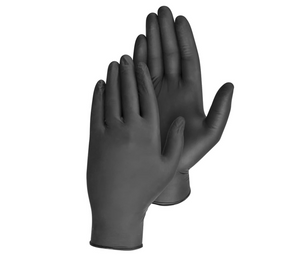 Box of 100 Black 4 Mil Nitrile Gloves, latex-free and powder-free, ideal for vehicle detailing and metalwork.