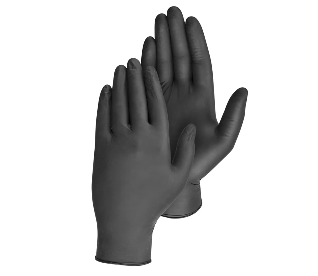 Box of 100 Black 4 Mil Nitrile Gloves, latex-free and powder-free, ideal for vehicle detailing and metalwork.