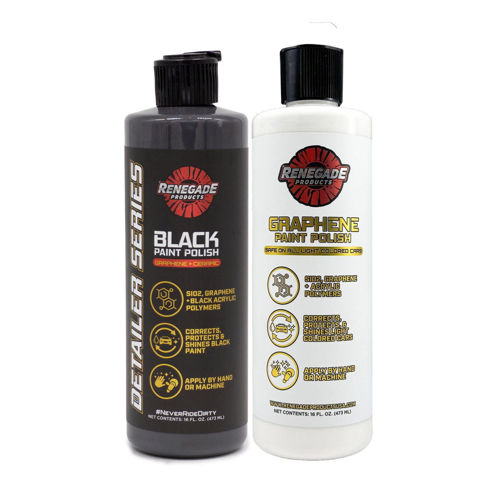 Renegade Products Black Paint Polish and Graphene Paint Polish from the Detailer Series, designed for black and light-colored cars, providing correction, protection, and shine with graphene and acrylic polymers.